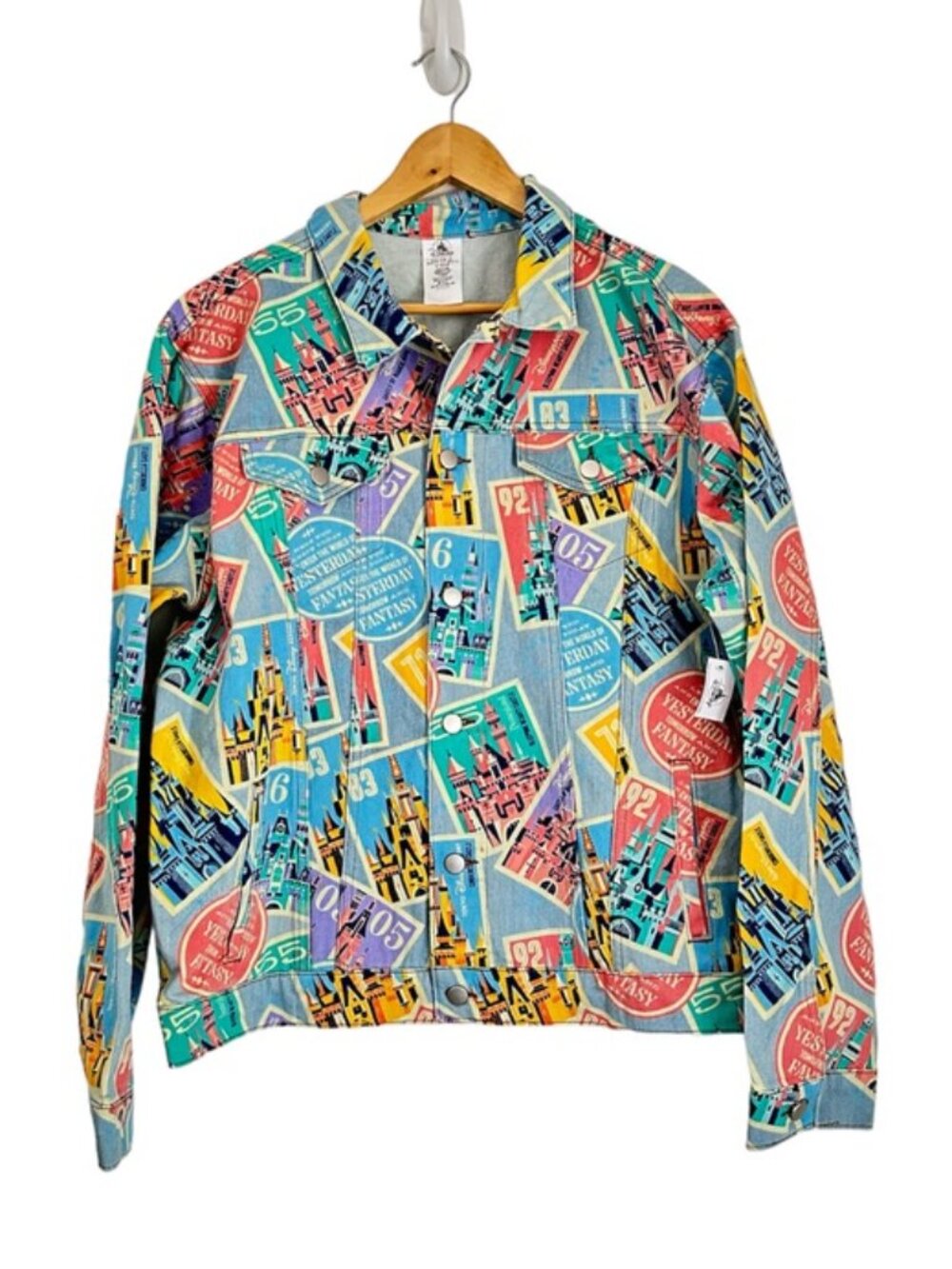 Disney Castles of Disney Parks D23 Postage Stamps Denim Jacket Size L NEW